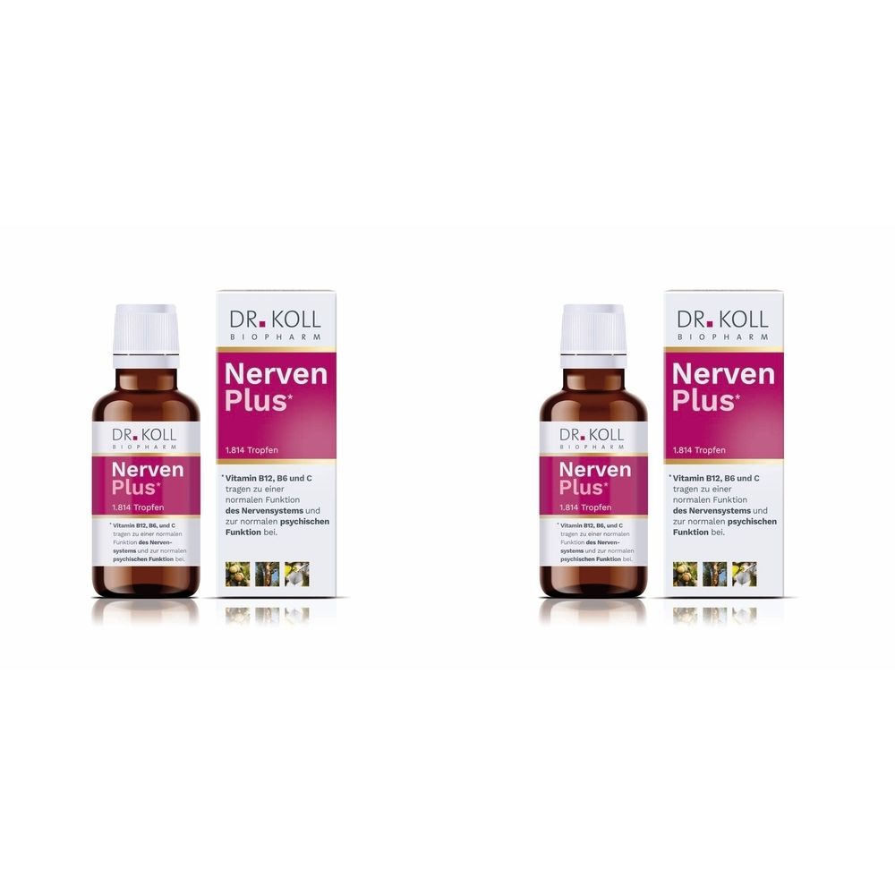 Zwei Flaschen und Verpackungen von DR. KOLL Nerven Plus. Braune Flaschen mit weißem Deckel und rosa Etikett. Verpackung mit Produktnamen.