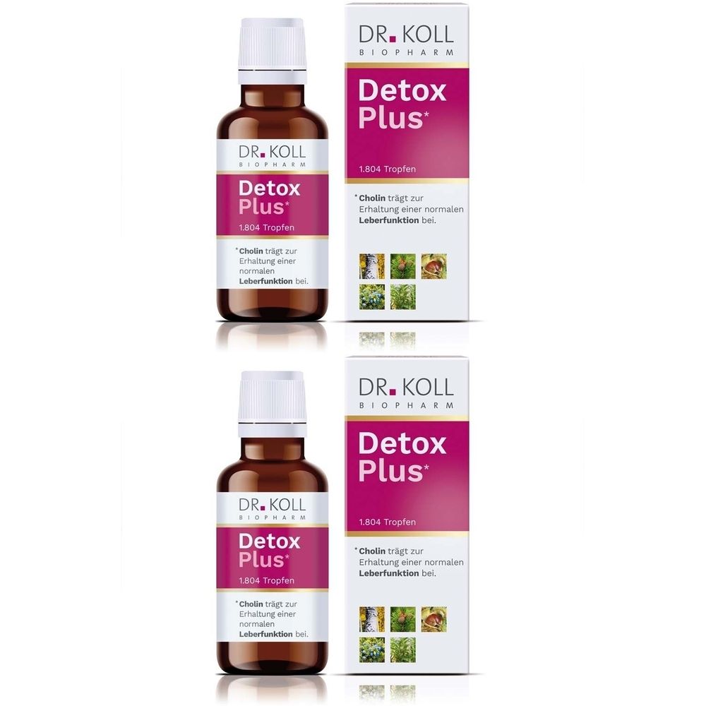 Zwei Flaschen und zwei Schachteln. Auf den Flaschen steht "Detox Plus". Auf den Schachteln steht "DR. KOLL Detox Plus".
