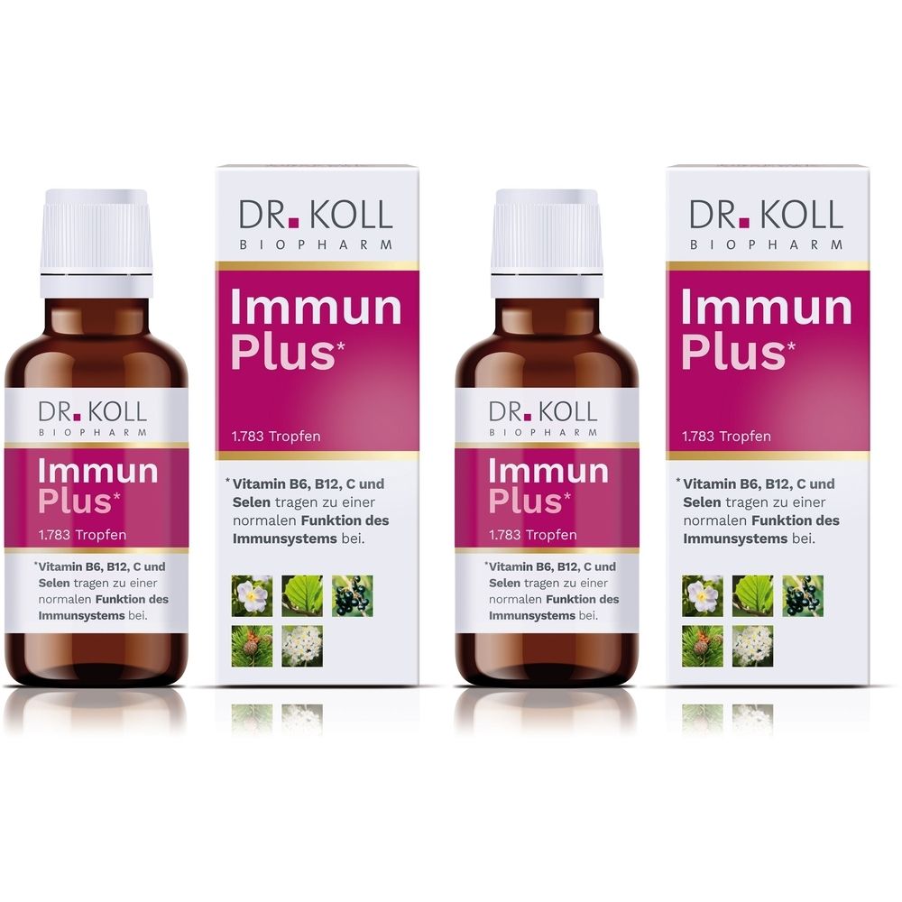 Mehrere Flaschen und Verpackungen von DR. KOLL Immun Plus®. Braune Flaschen mit weißen Deckeln und weißen Verpackungen mit Produktnamen und Text.