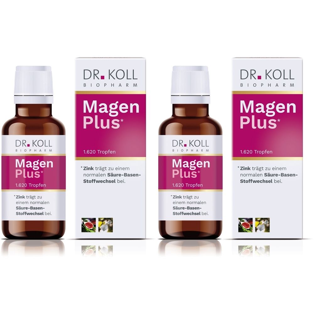 Plusieurs flacons et emballages de DR. KOLL Magen Plus. Inscription : Magen Plus, 1.620 gouttes. Le zinc contribue au métabolisme acido-basique normal.
