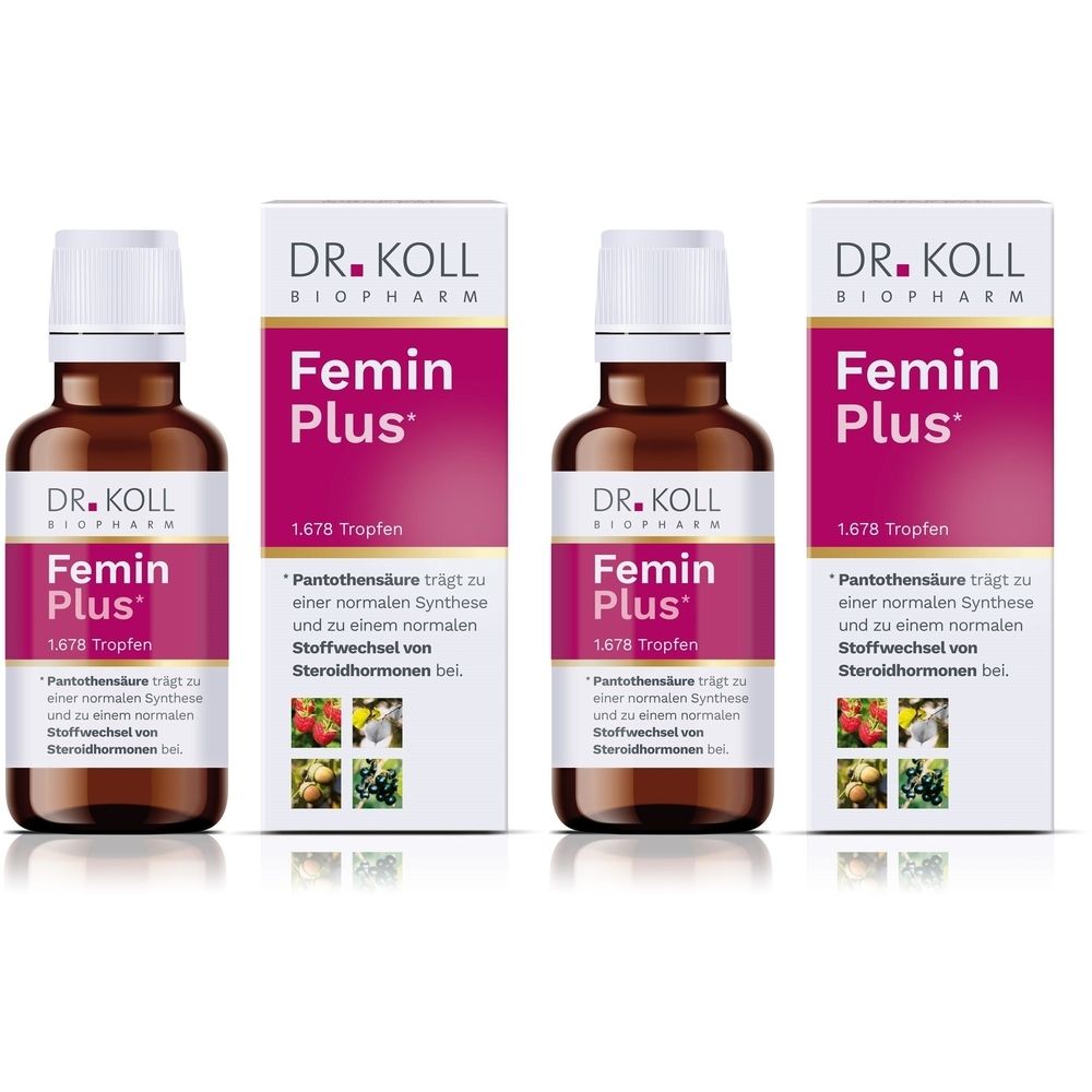 Plusieurs flacons et emballages de Dr. Koll Femin Plus. Flacons en verre brun avec bouchons blancs, entourés de boîtes blanches avec des accents roses et des informations sur le produit.