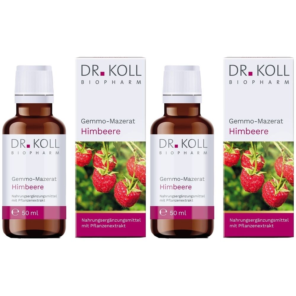 Trois flacons et emballages de DR. KOLL Gemmo-Mazerat Himbeere. Flacons bruns avec bouchons blancs, entourés de boîtes blanches avec une image de framboises.