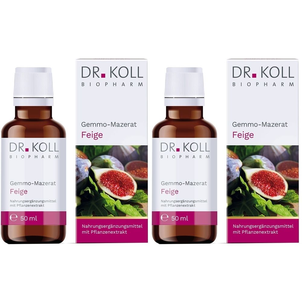 Trois flacons et emballages de DR. KOLL Gemmo-Mazerat Feige. Flacons bruns avec bouchons blancs, entourés de boîtes blanches avec informations produit et illustration de figues.