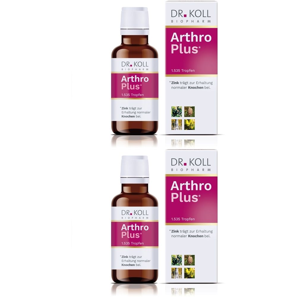 Zwei Flaschen und Verpackungen von DR. KOLL Arthro Plus. Braune Glasflaschen mit weißem Deckel. Verpackung mit Produktnamen und Text.