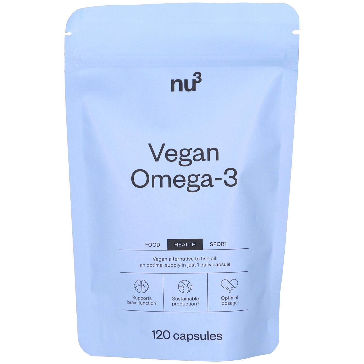 Sachet bleu clair avec l'inscription Vegan Omega-3. Contient 120 gélules. Inscription : Food, Health, Sport. Alternative végétalienne.