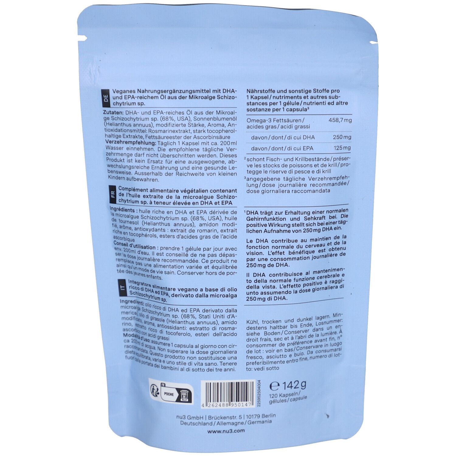 Dos du sachet bleu clair. Contient des informations sur les ingrédients, la valeur nutritionnelle et les recommandations d'utilisation. Poids : 142g.