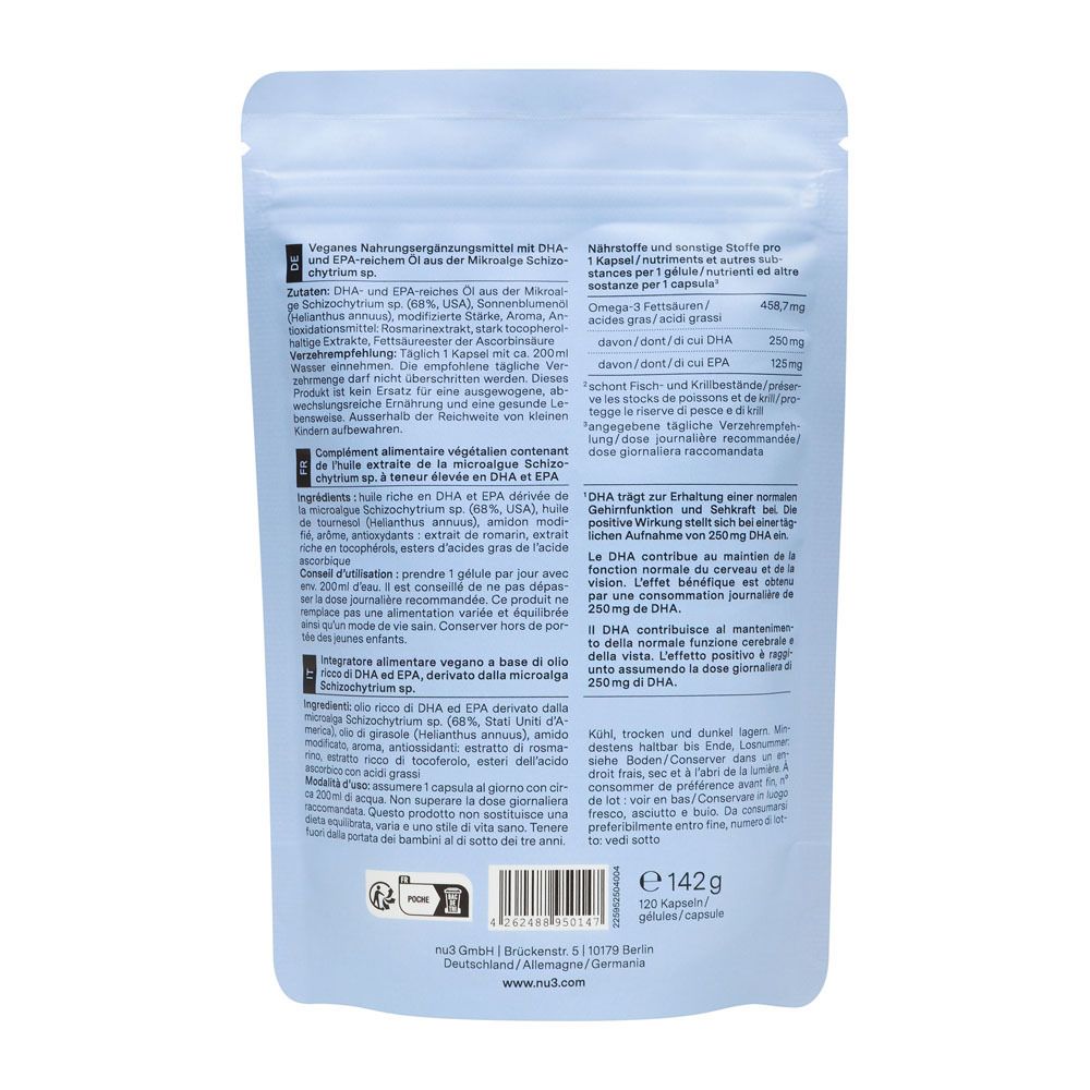 Rückseite der Verpackung. Text in Deutsch, Inhaltsstoffe, Nährwertangaben, Verzehrempfehlung. 142g, 120 Kapseln.