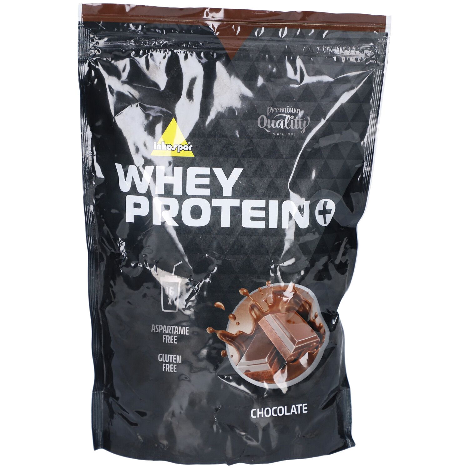 Emballage noir avec texte "Whey Protein+". Morceau de chocolat et éclaboussures représentés. "Aspartame free" et "Gluten free".