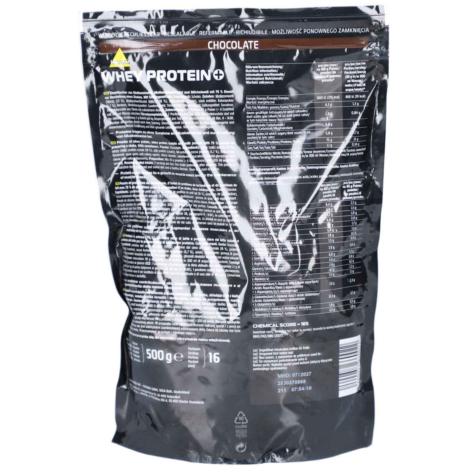 Dos de l'emballage noir. Contient des informations et des valeurs nutritionnelles. "500g e" et "16" sont visibles.