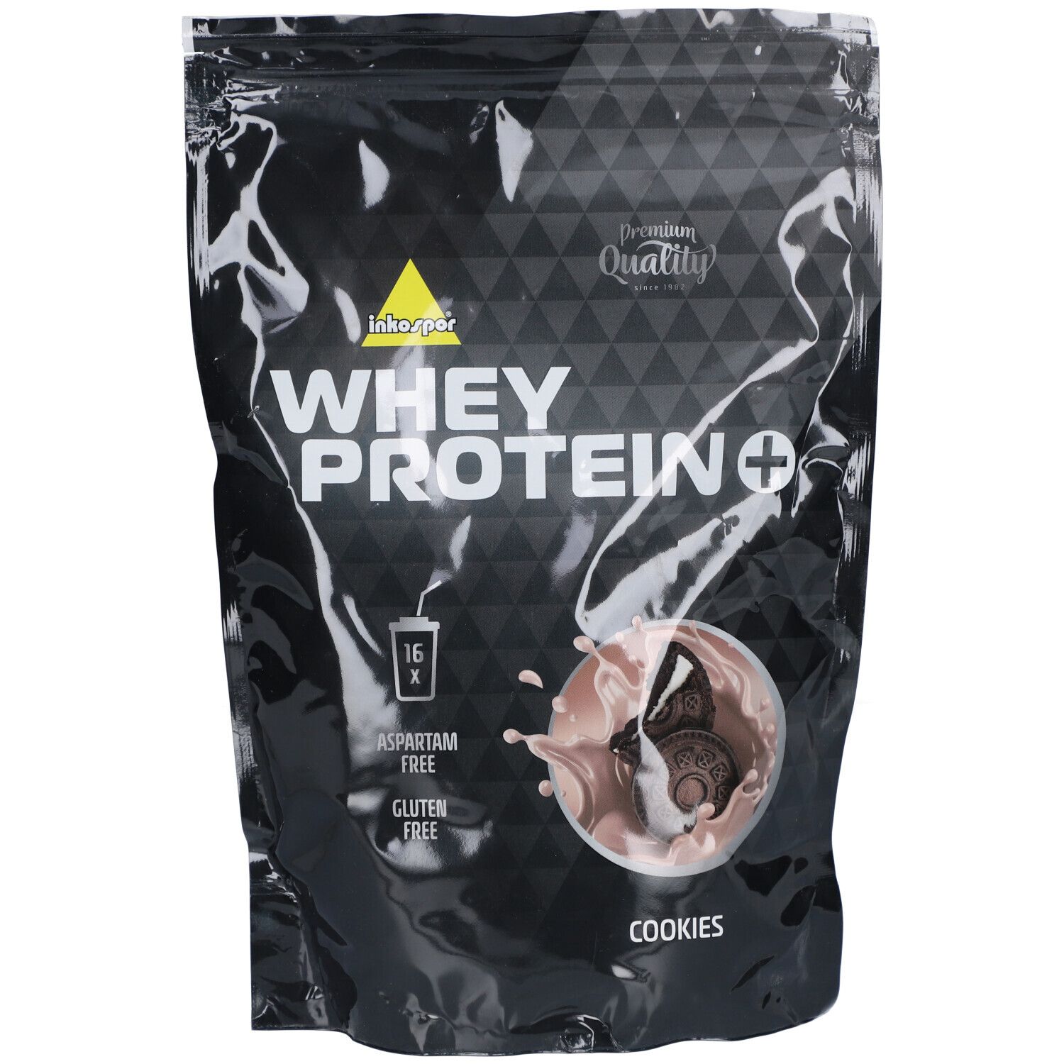 Emballage noir "Inkospor Whey Protein + Cookies & Cream". Contient 16 portions. Sans gluten, sans aspartame.