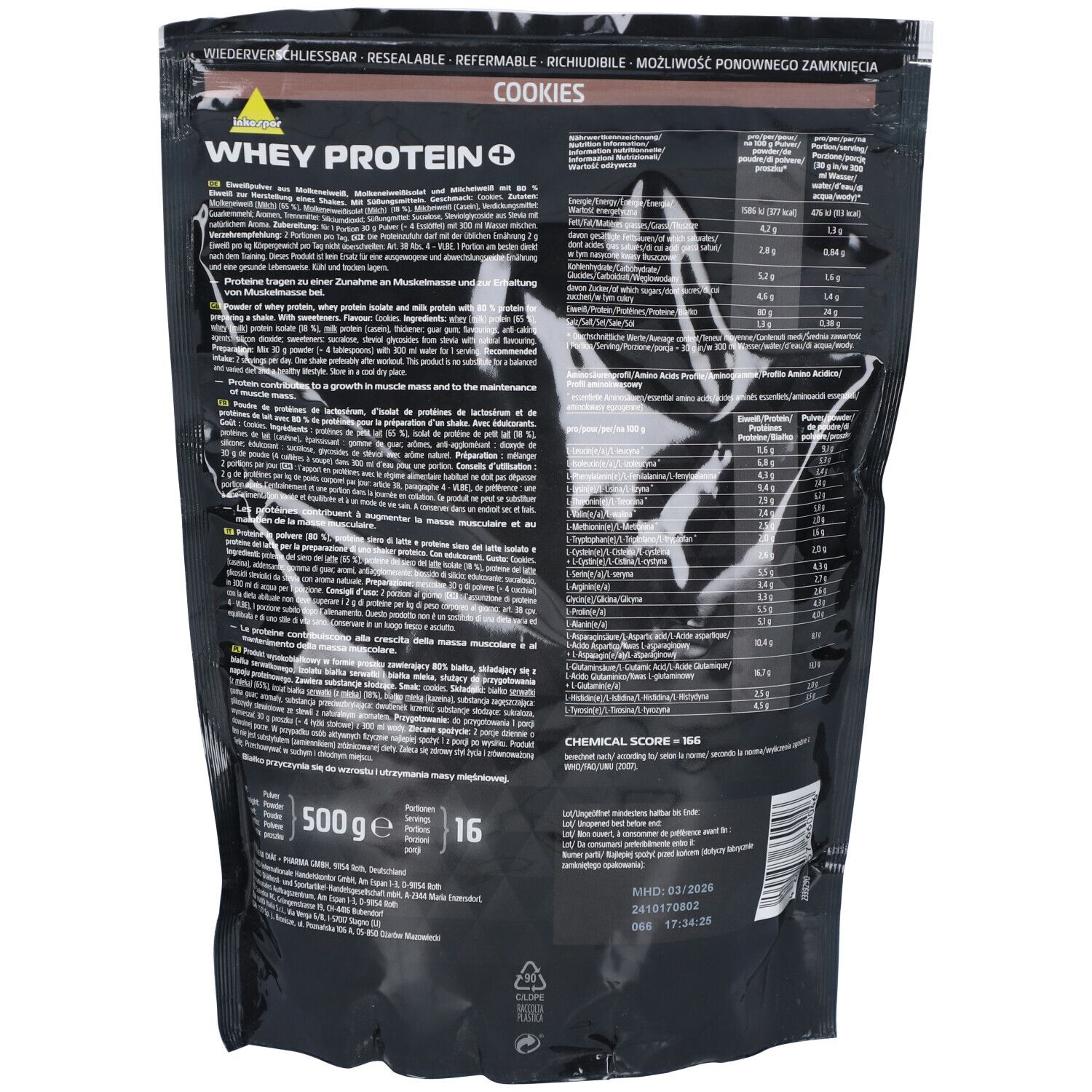 Dos de l'emballage "Inkospor Whey Protein + Cookies & Cream". Contient des informations nutritionnelles et du texte multilingue.