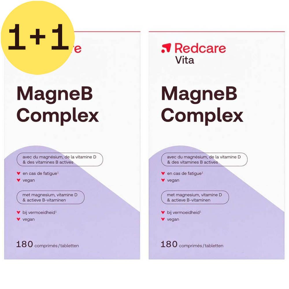 Deux boîtes de Redcare Vita MagneB Complex avec autocollant 1+1. Emballage blanc avec texte rouge. Contient magnésium, vitamine D et B.