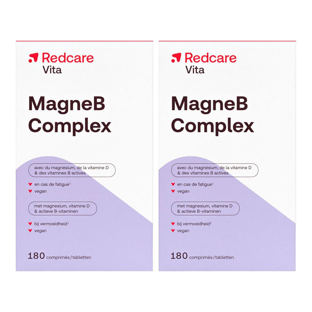 Zwei Kartons Redcare MagneB Complex. Aufschrift: MagneB Complex, mit Magnesium, Vitamin D & aktiven B-Vitaminen. 180 Tabletten.