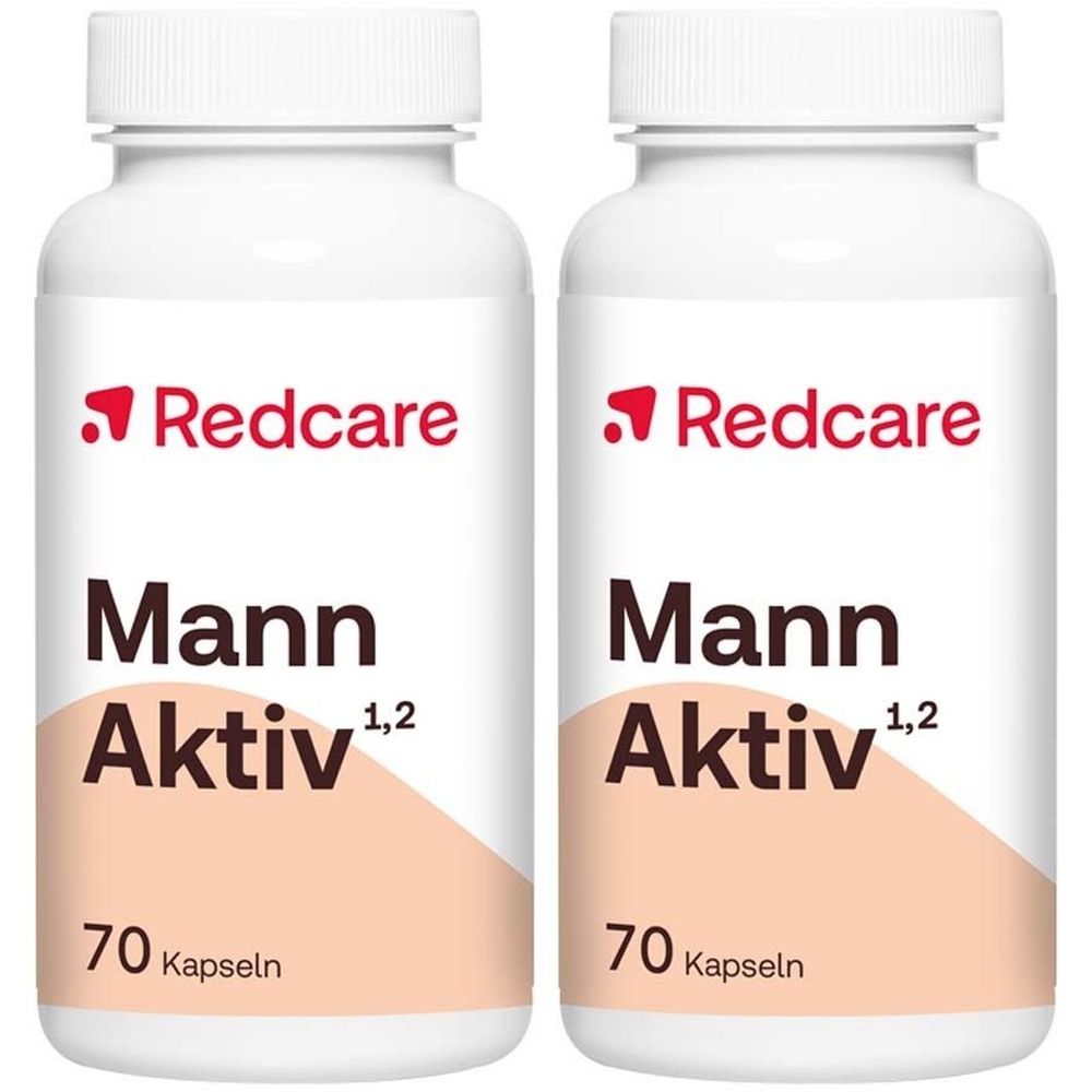 Zwei weiße Flaschen mit rotem Logo und Schriftzug "Redcare Mann Aktiv". Aufschrift "70 Kapseln".
