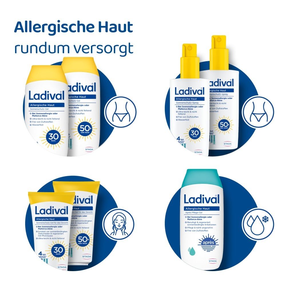 Ladival Sonnencreme und After Sun für allergische Haut, LSF 30 und 50.