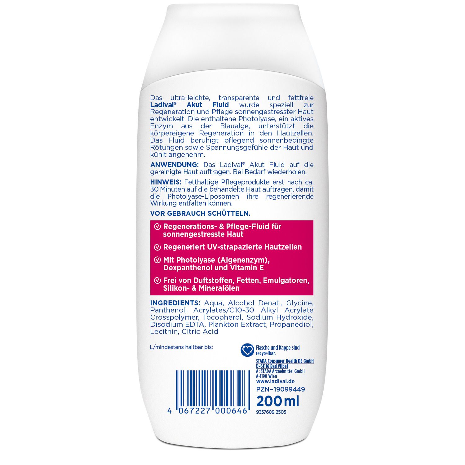 Rückseite einer Ladival Akut Fluid Flasche. Text mit Inhaltsstoffen und Anwendungshinweisen. 200 ml.