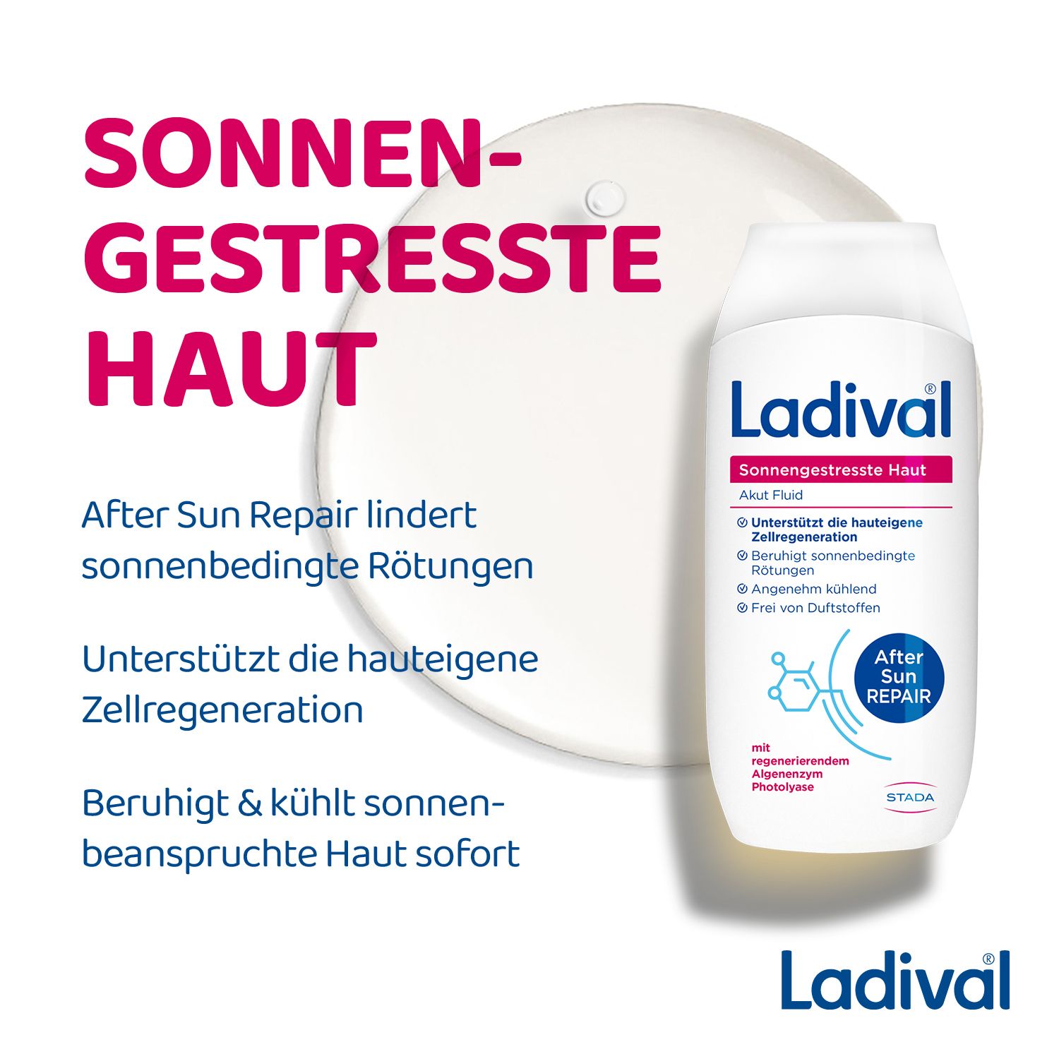 Ladival Akut Fluid und transparente Flüssigkeit. Text: Sonnen-gestresste Haut. After Sun Repair.