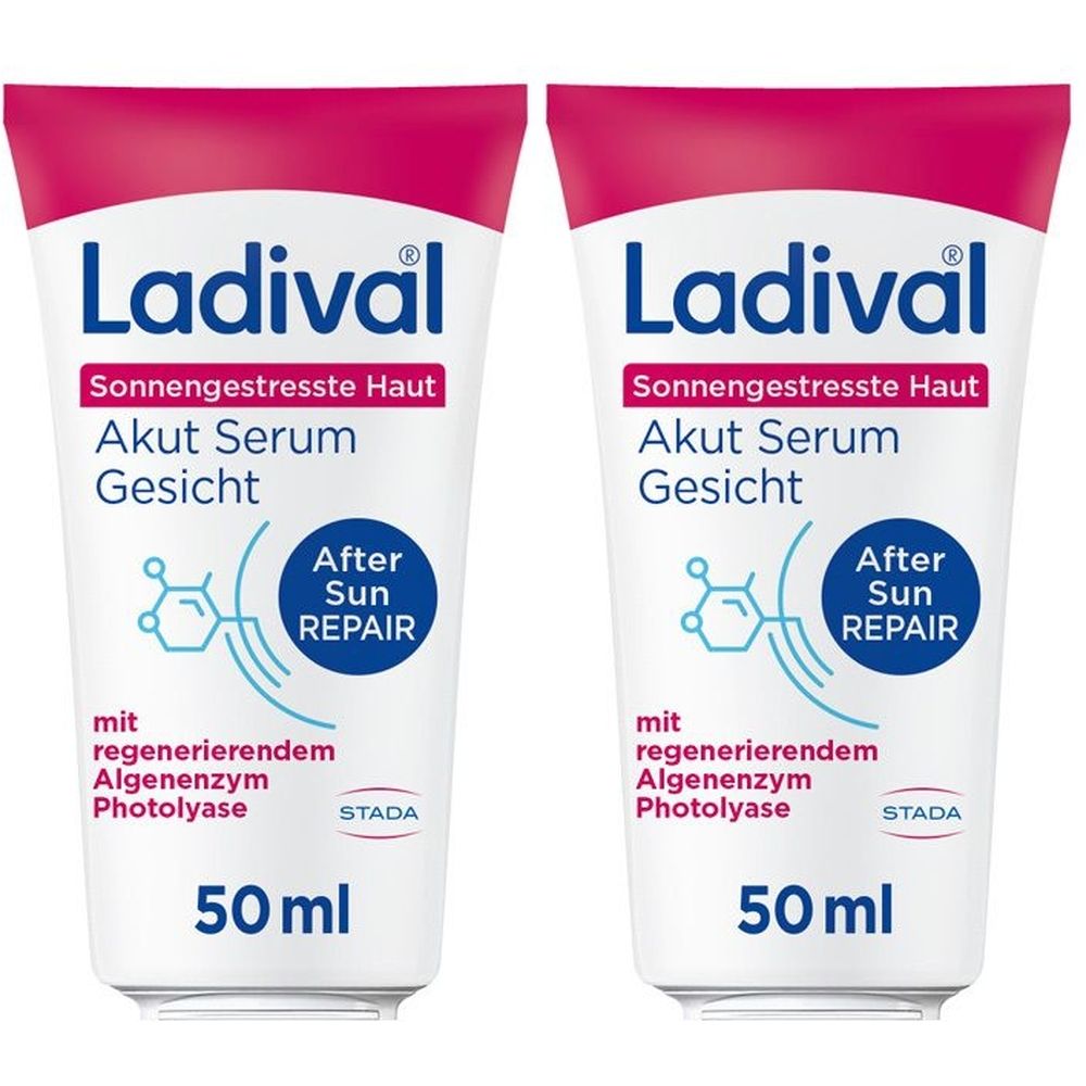 Deux tubes de Ladival® Akut Serum Gesicht. Tubes blanc-rose avec informations et indication 50ml.