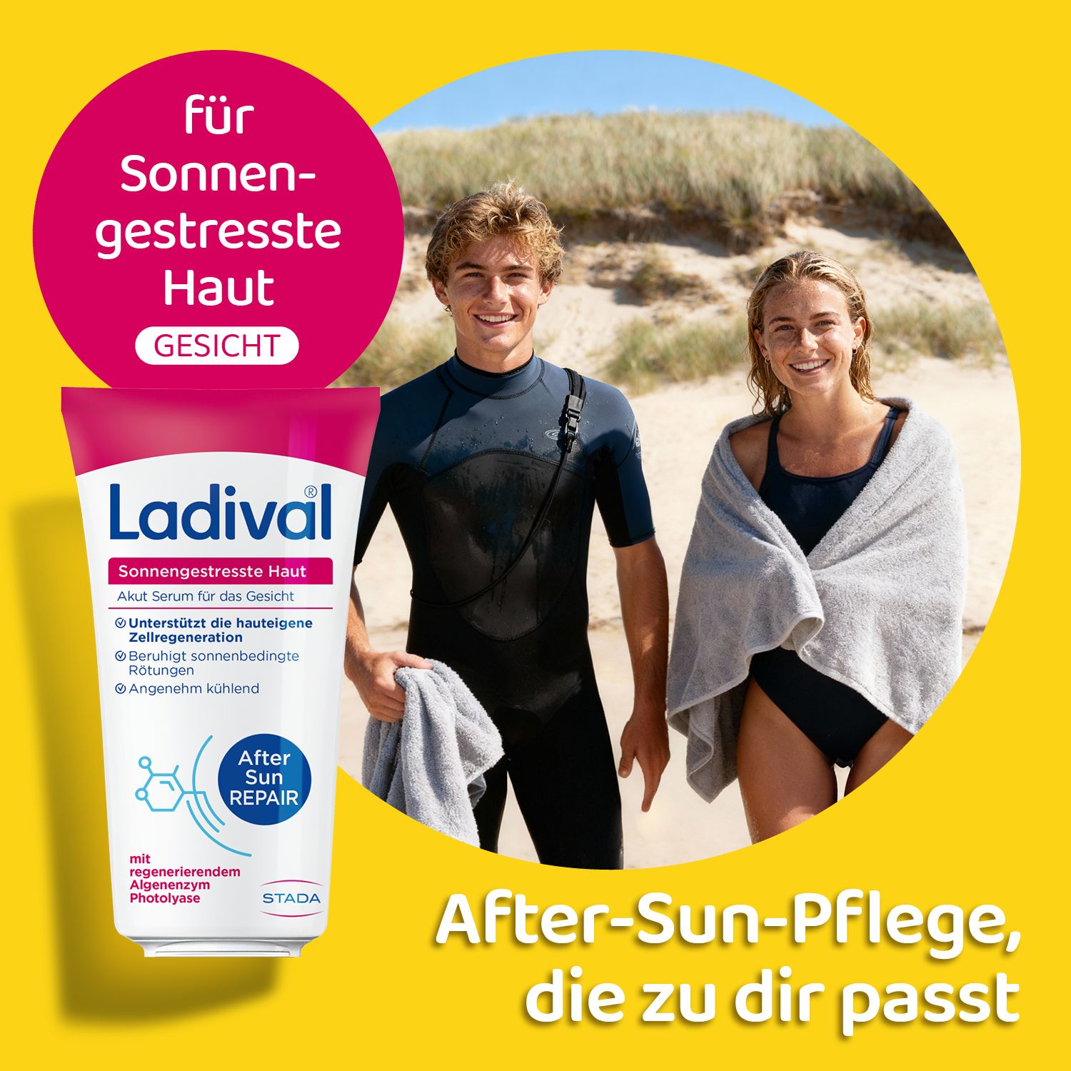 Image produit avec deux personnes à la plage. Ladival® Akut Serum Gesicht, After Sun Repair.