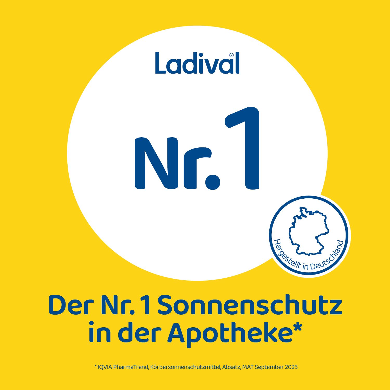 Logo circulaire avec Ladival® et N°1 protection solaire en pharmacie. Fabriqué en Allemagne.