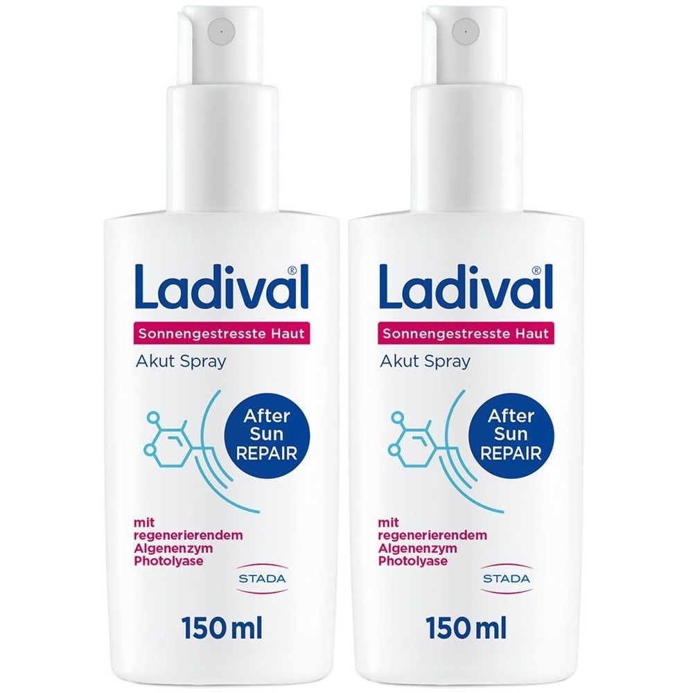Zwei weiße Sprühflaschen mit Ladival-Logo und Aufschrift "Sonnengestresste Haut Akut Spray". 150 ml.