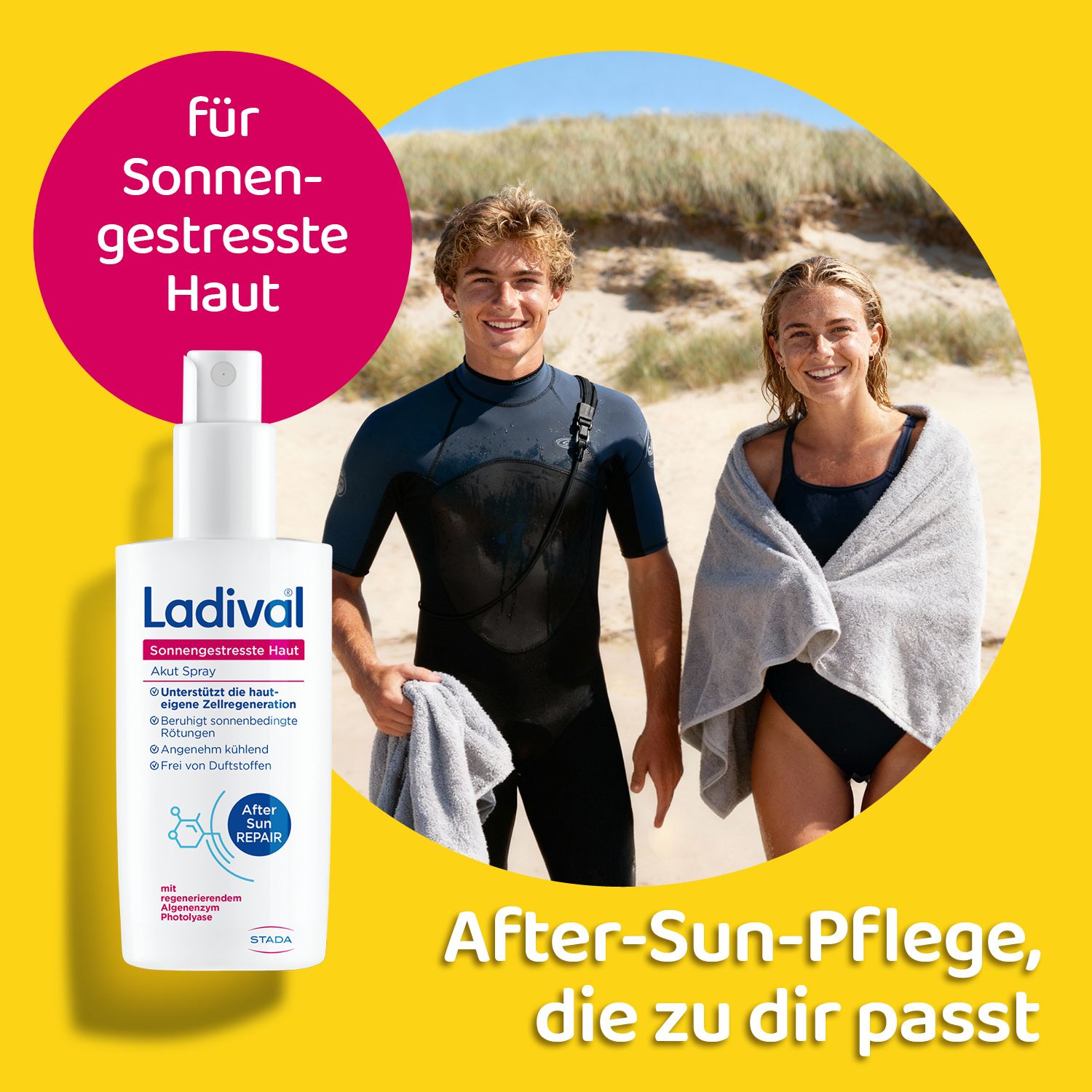 Produktabbildung mit zwei Personen am Strand. Ladival Akut Spray, After Sun Repair, für sonnengestresste Haut.