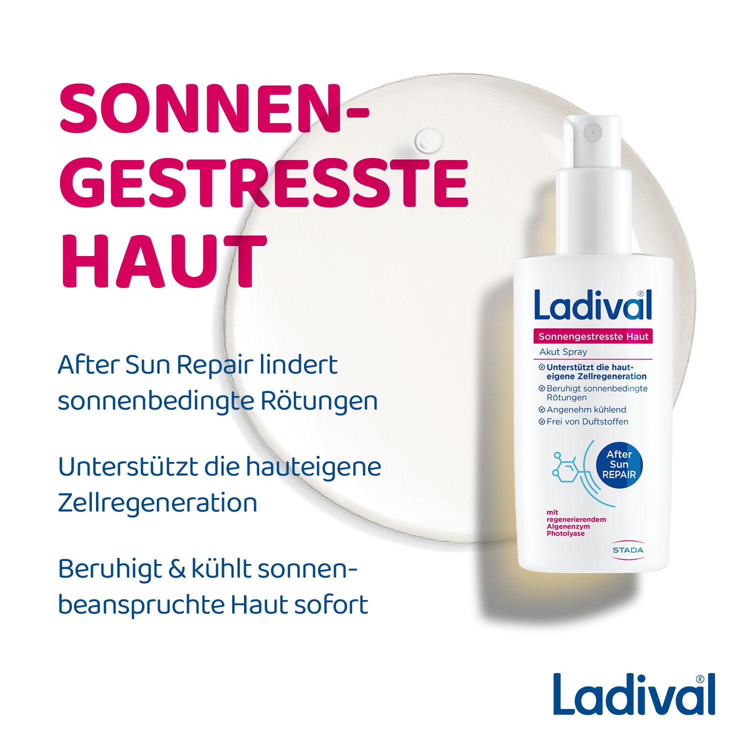 Produktabbildung mit Text. Ladival Akut Spray, After Sun Repair. Für sonnengestresste Haut.