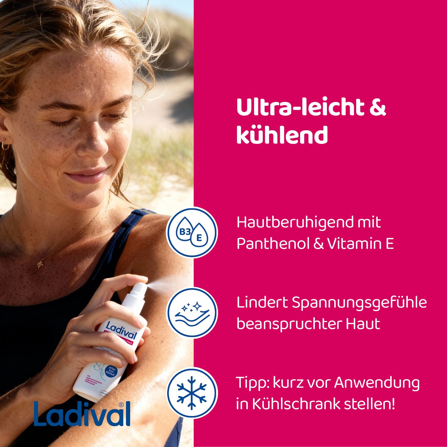 Frau sprüht Ladival Akut Spray auf die Haut. Text: Ultra-leicht & kühlend. Mit Panthenol & Vitamin E.