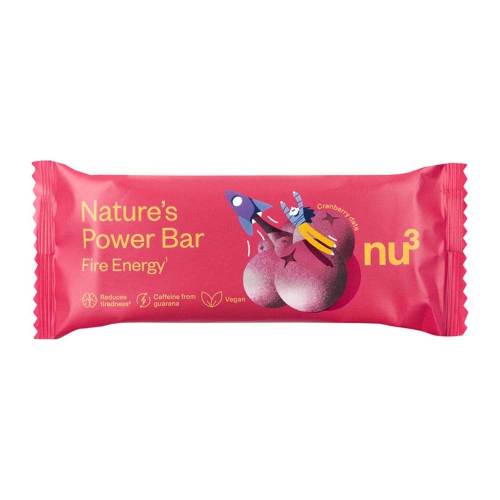 Roter Riegel mit Aufschrift 'Nature's Power Bar Fire Energy' und Logo 'nu3'. Enthält Cranberry-Aroma. Vegan.