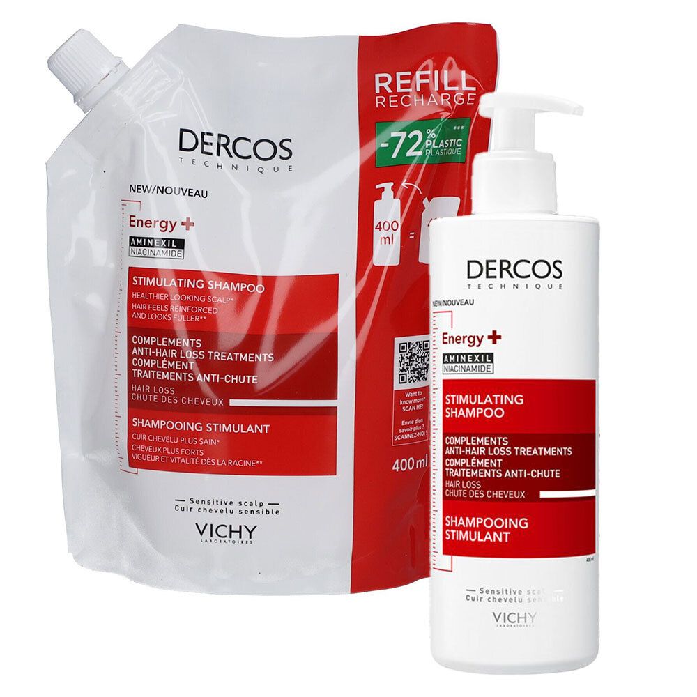 Flacon et recharge de shampooing. Blanc, rouge et noir. Texte : Dercos, Energy+, Stimulating Shampoo, traitements anti-chute.