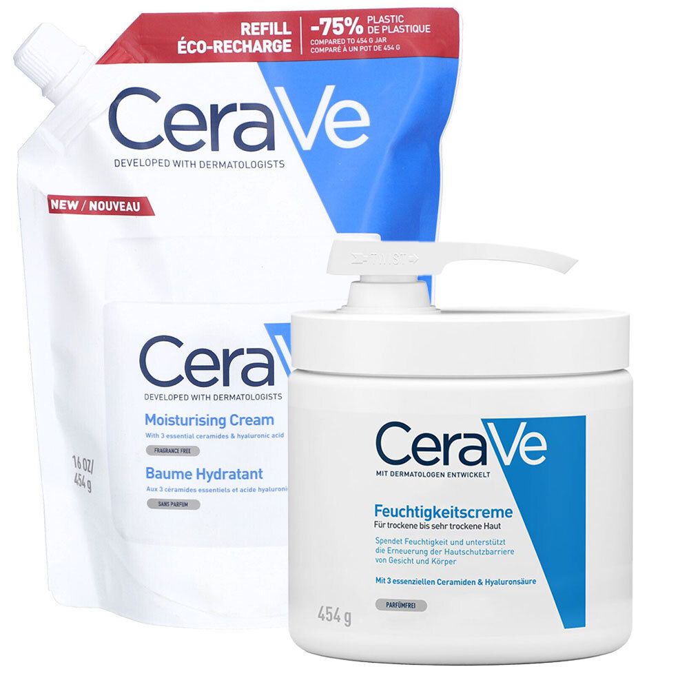 Creme-Tiegel und Nachfüllbeutel. Weißer Tiegel mit blauem Akzent, Pumpverschluss. Nachfüllbeutel mit CeraVe-Logo. "Eco-Recharge"-Label.