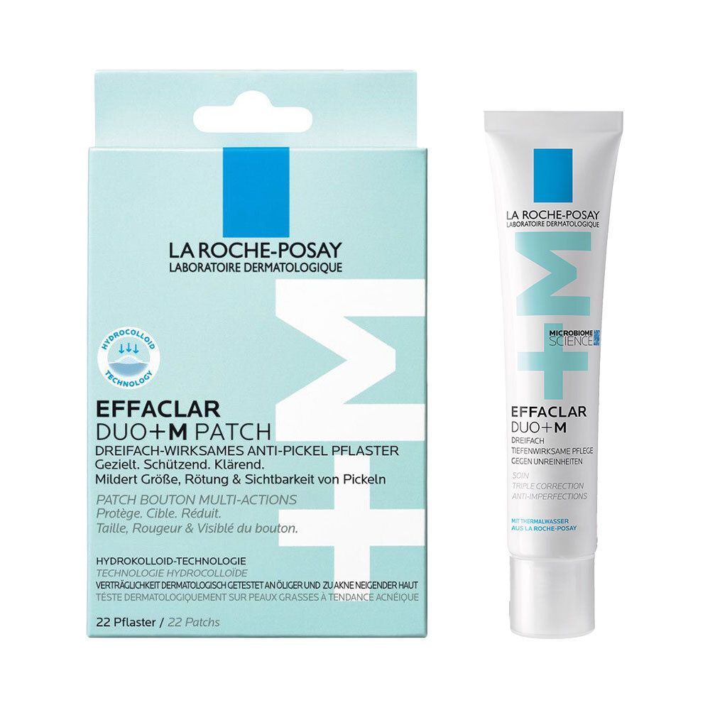 La Roche-Posay Effaclar DUO+M Patch et crème. Boîte de patchs et tube. Texte : Effaclar DUO+M Patch, 22 patchs.