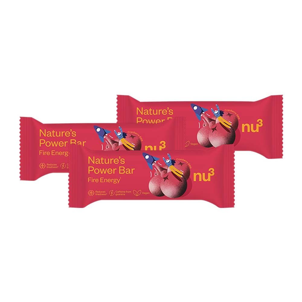 Plusieurs barres rouges "Nature's Power Bar Fire Energy" avec le logo "nu3".