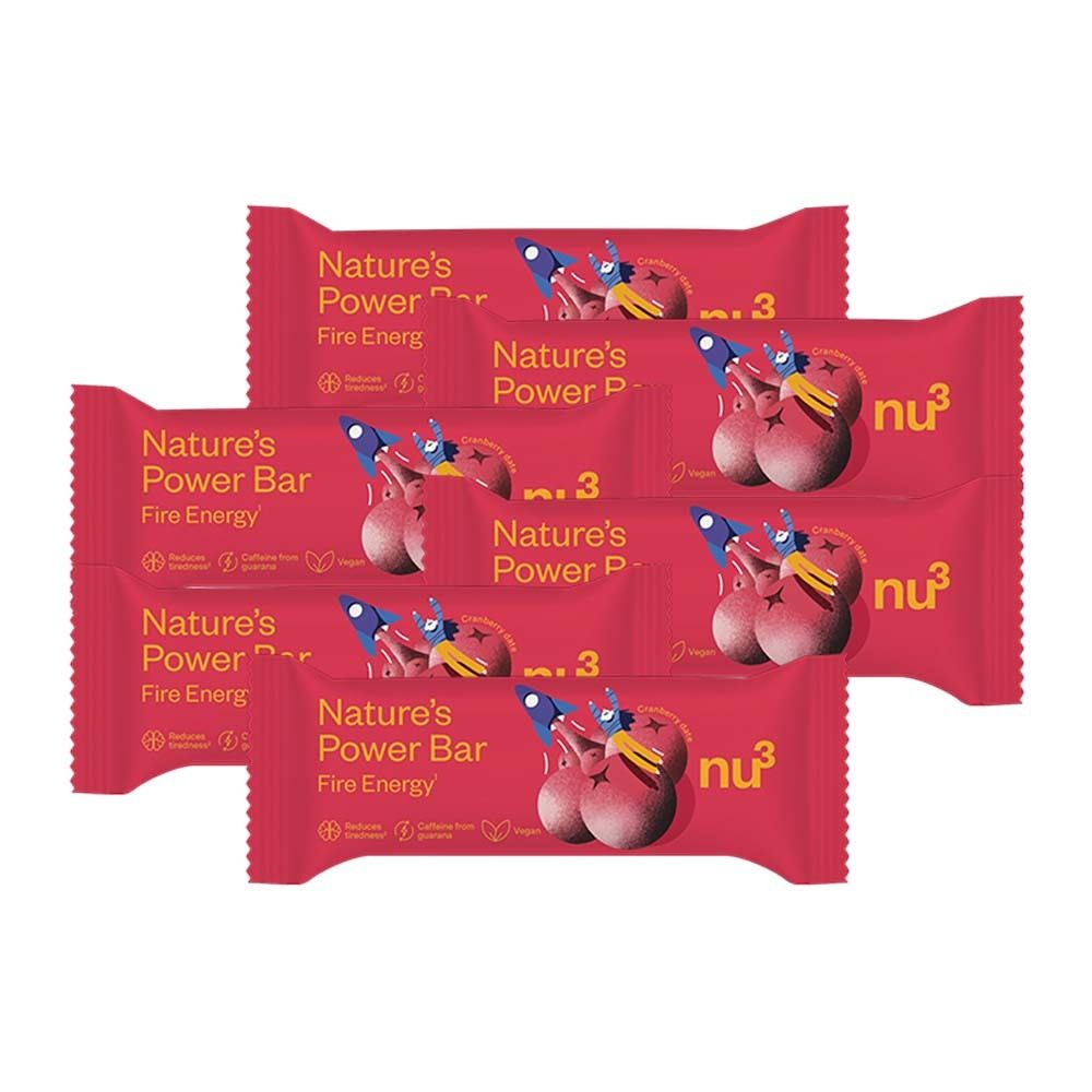 Sechs rote Riegel mit der Aufschrift "Nature's Power Bar Fire Energy" und dem Logo "nu3".