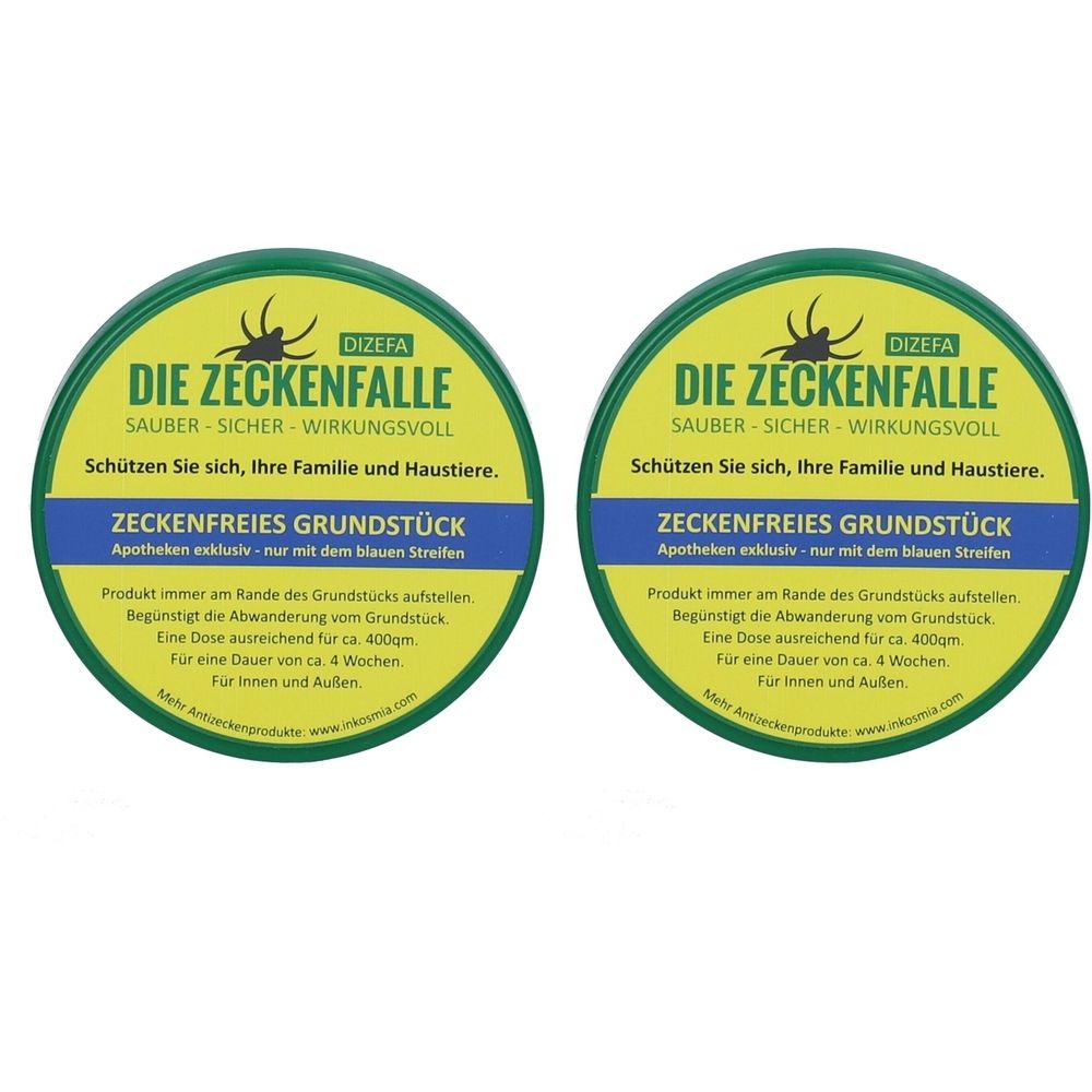 Zwei runde, grüne Behälter mit Aufschrift 'Die Zeckenfalle'. Blaue Streifen mit Text. Produkt zur Abwehr von Zecken.