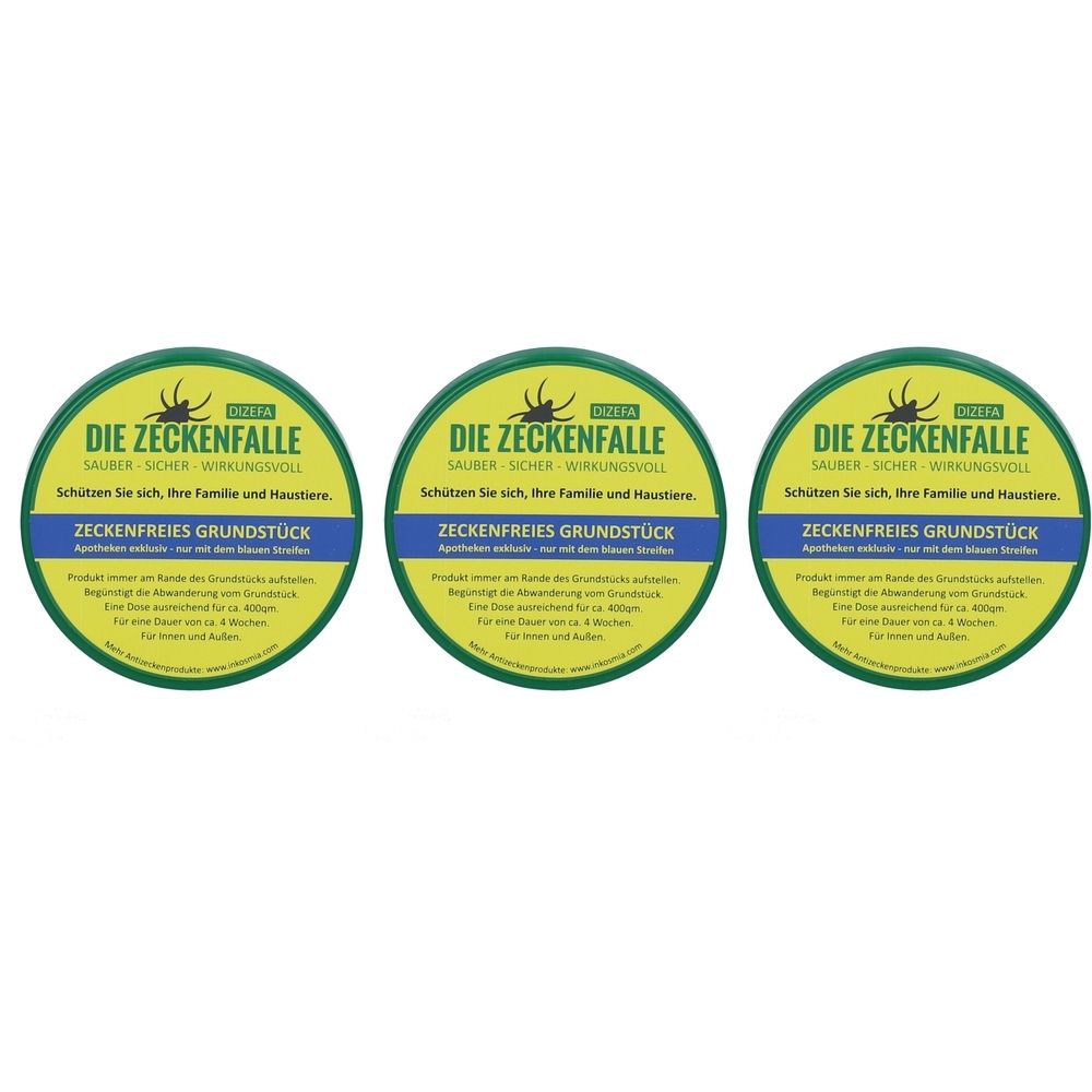 Trois emballages ronds avec l'inscription "DIE ZECKENFALLE". Fond jaune, bande bleue avec texte. Texte : "ZECKENFREIES GRUNDSTÜCK".