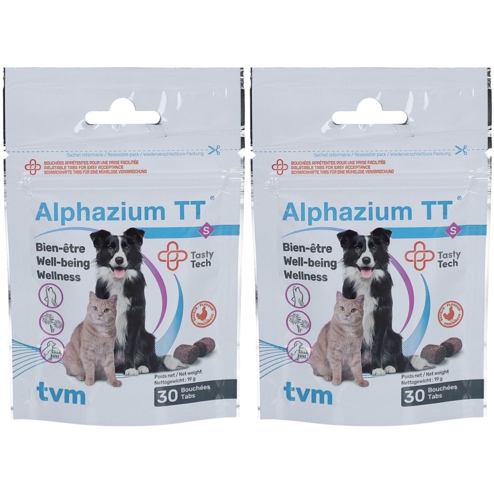 Zwei Beutel Alphazium TT S. Aufdruck: Hund, Katze, Text. 30 Tabletten. Marke: tvm.