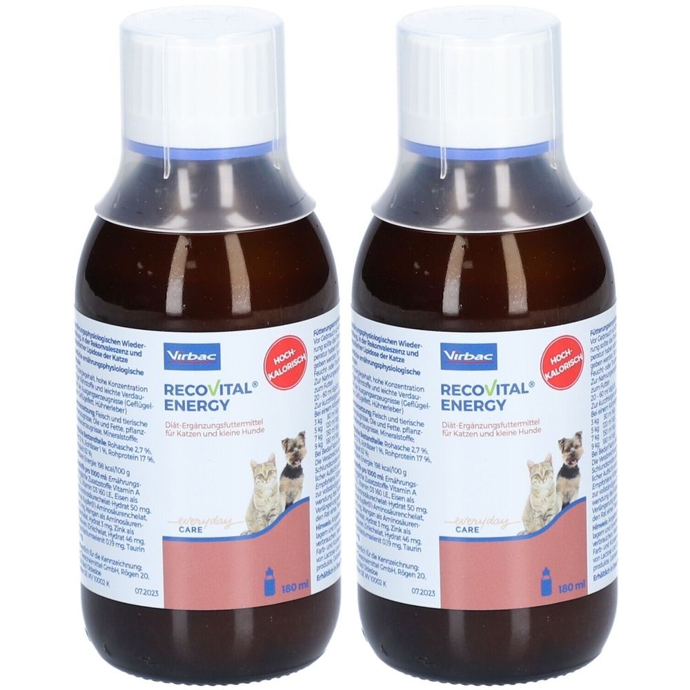 Zwei braune Flaschen mit weißem Deckel. Auf dem Etikett steht RECOVITAL ENERGY. Darunter ein Bild von Hund und Katze. 100 ml.
