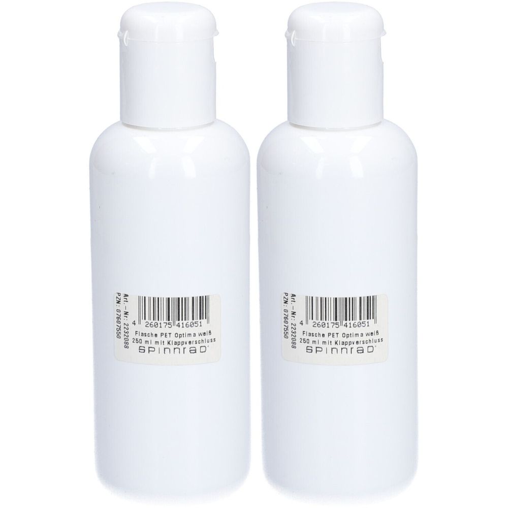 Zwei weiße Flaschen mit Klappdeckel. Aufkleber mit Barcode und Text: Flasche PET Optima weiß, 250 ml mit Klappverschluss. SPINNRAD.