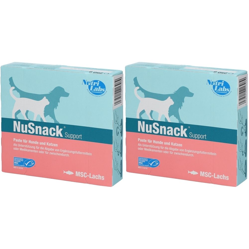 Deux boîtes carrées "NuSnack Support". Fond bleu clair, partie inférieure rose, logo chien et chat. Marque "Nutri Labs".