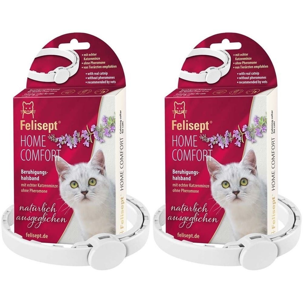 Deux colliers Felisept Home Comfort pour chats avec emballage. Collier blanc, boîte rouge avec chat.