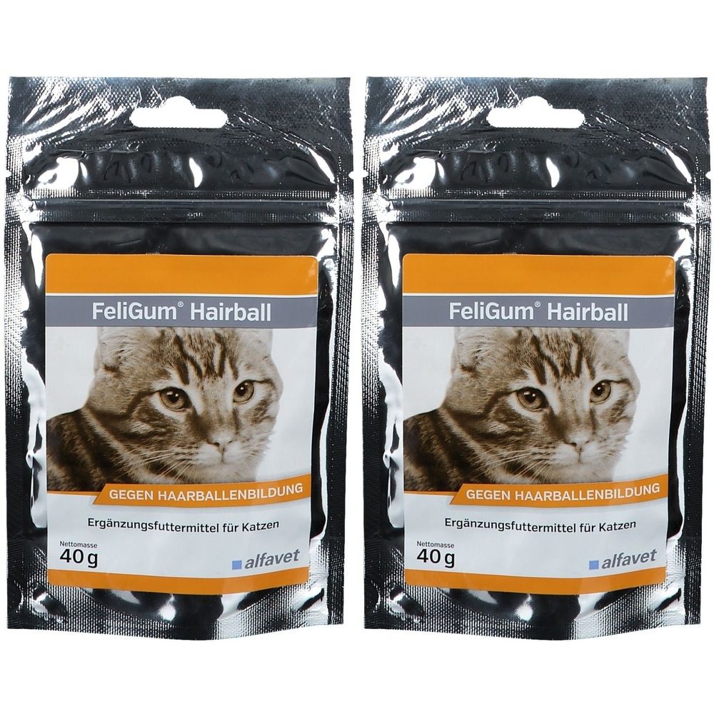 Zwei Beutel FeliGum Hairball. Aufdruck: Katze, Schriftzug, 40g, alfavet. Ergänzungsfuttermittel für Katzen gegen Haarballenbildung.