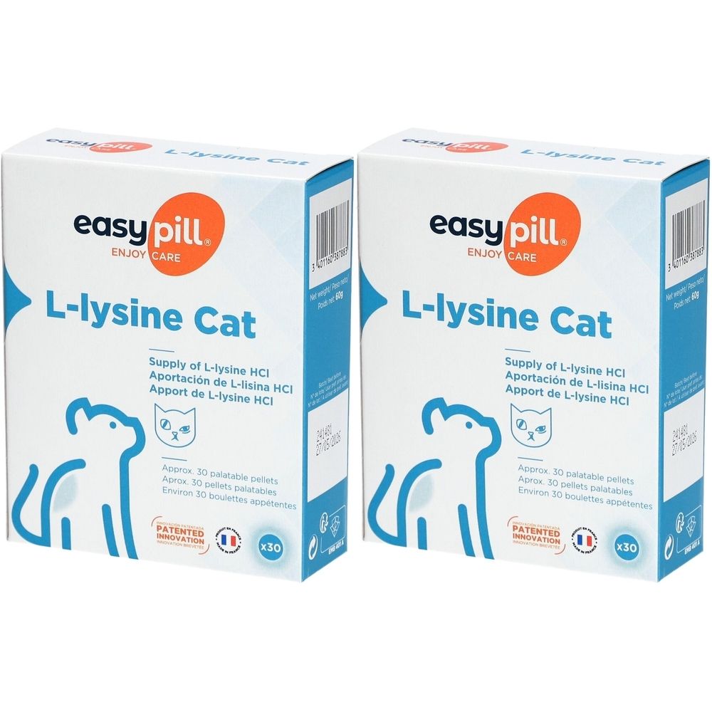 Deux boîtes "easy pill L-lysine Cat". Emballage bleu et blanc avec illustration de chat et texte multilingue.