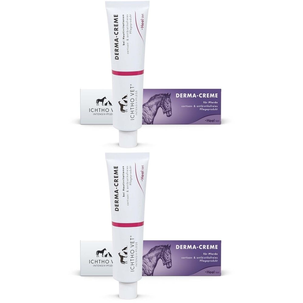 Doppelpack ICHTHO VET Derma-Creme für Pferde. Zwei Tuben und zwei Schachteln. Tuben weiß mit rotem Streifen. Schachteln lila.