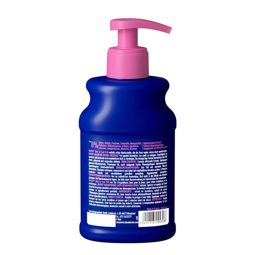 Dos du flacon bleu avec pompe rose. Texte et informations sur le produit.