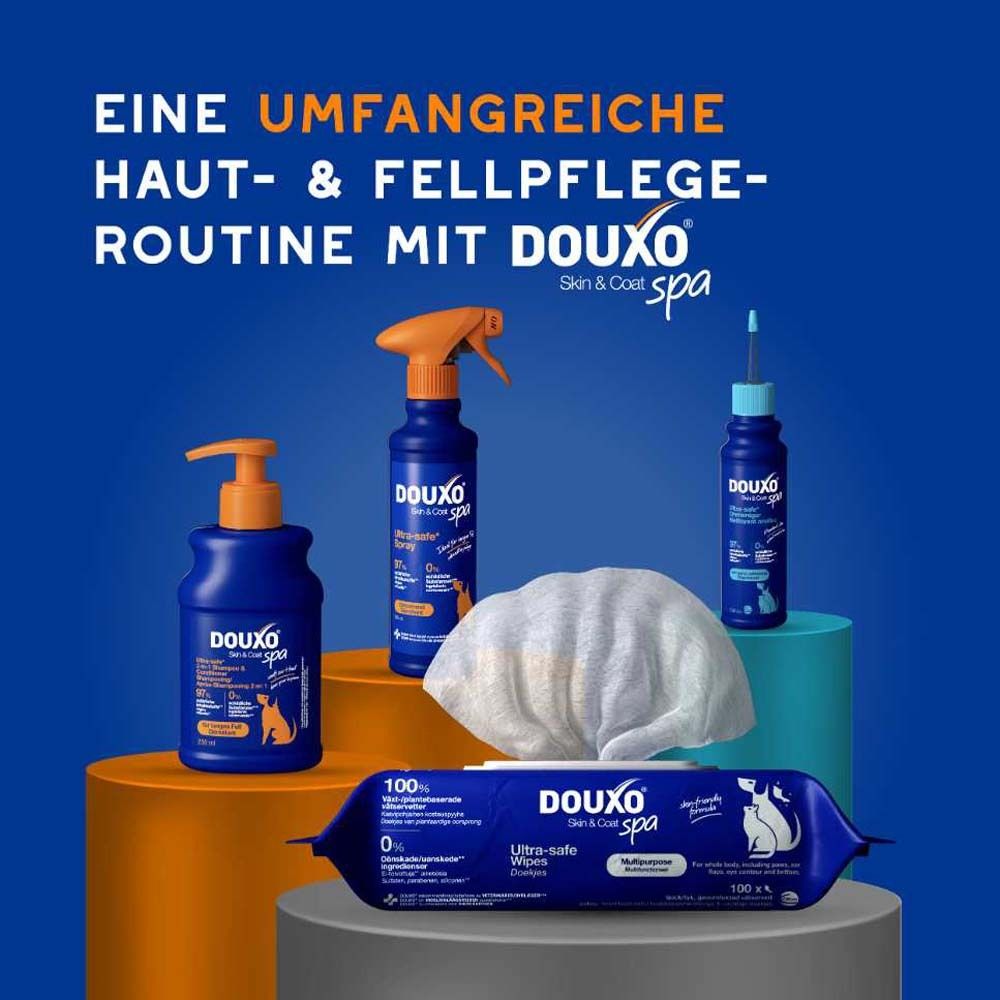 Verschiedene DOUXO® Produkte. Text: Eine umfangreiche Haut- & Fellpflege-Routine mit DOUXO®.