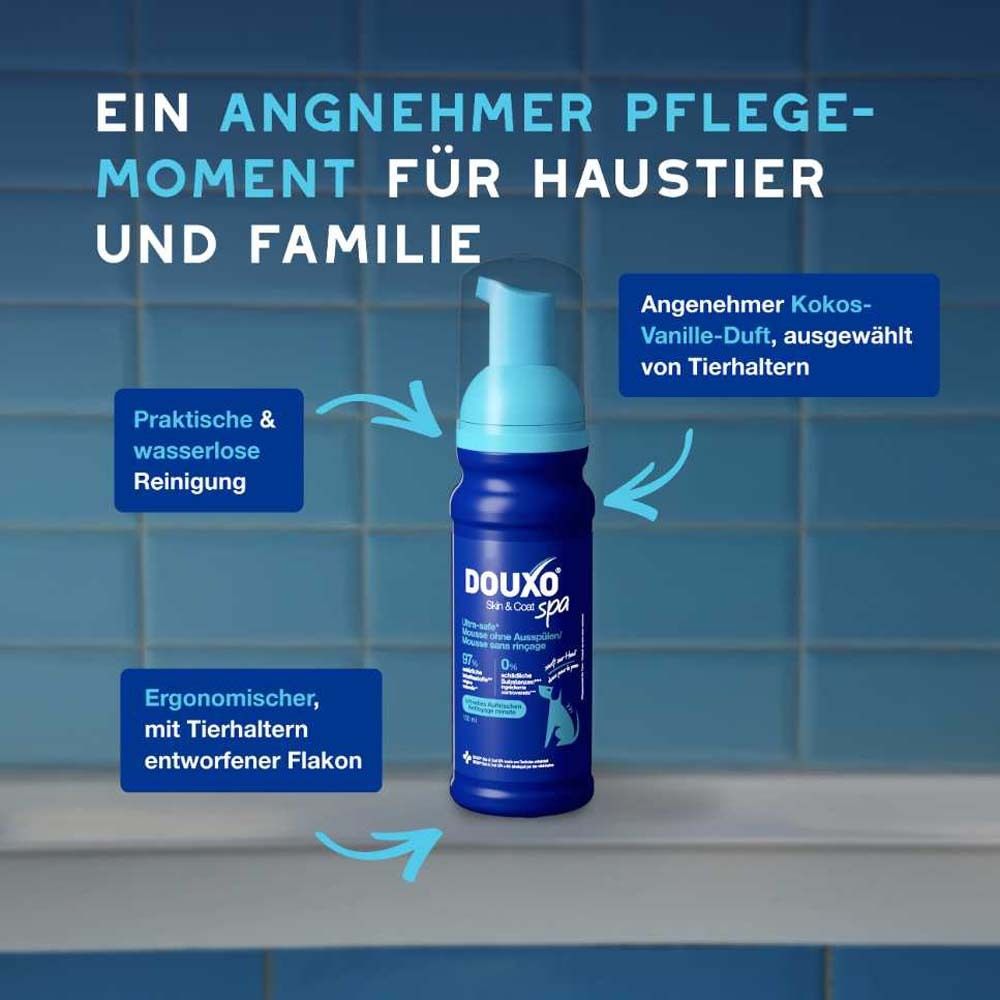 Blaue Flasche mit Sprühkopf. Text: Ein angenehmer Pflegemoment für Haustier und Familie. Ergonomischer Flakon.