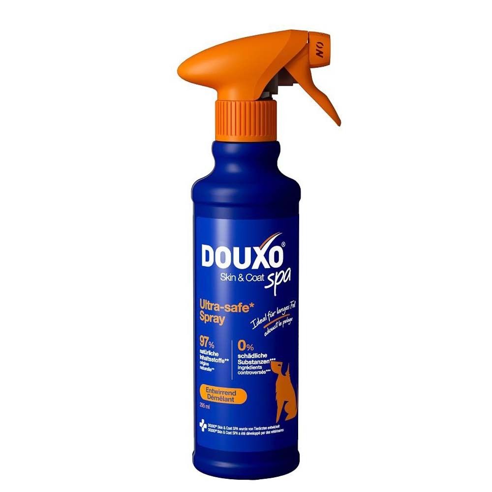 Blau-orange Sprühflasche. DOUXO® Skin & Coat Spa. Ultra-safe Spray. 97% natürliche Inhaltsstoffe, 0% schädliche Substanzen.