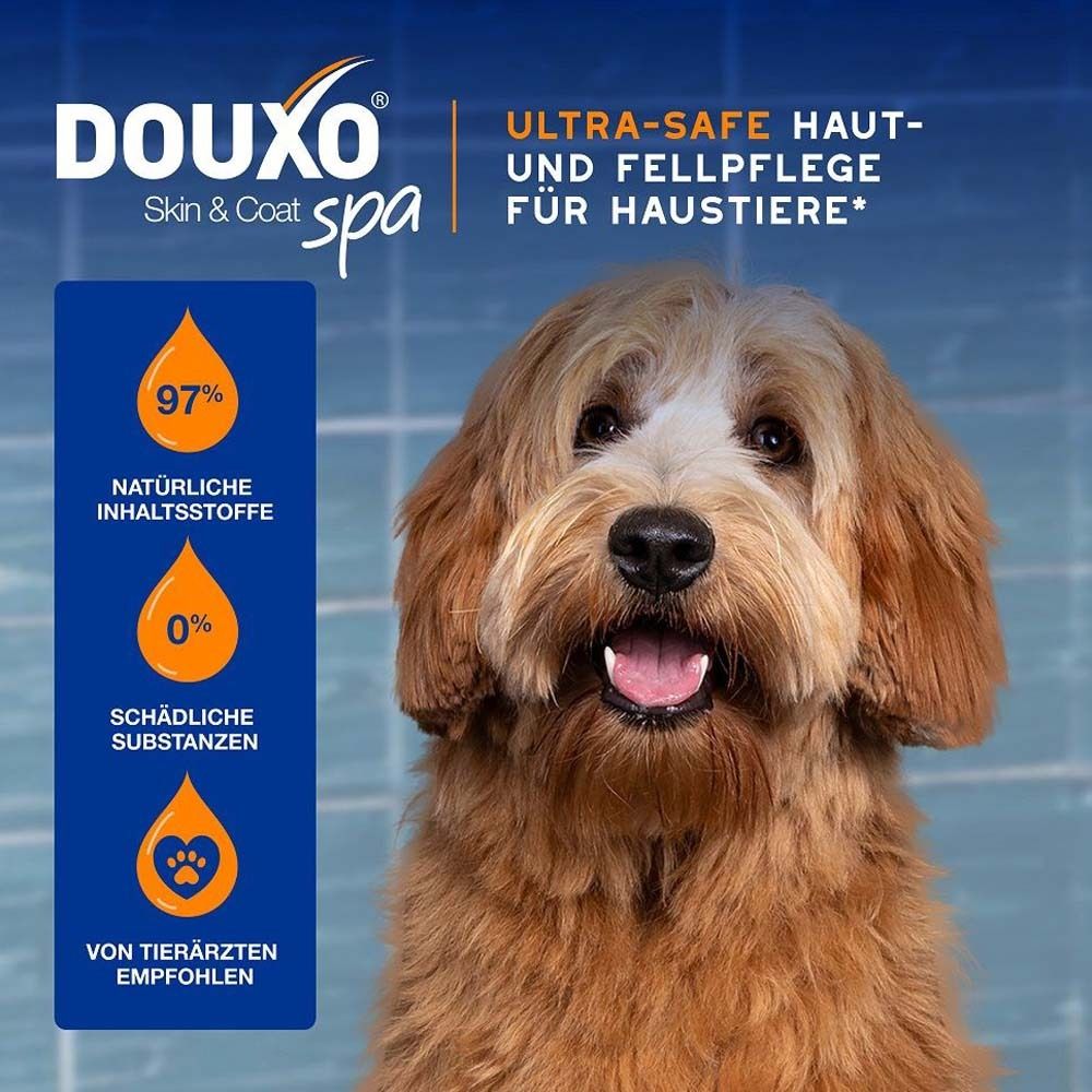 Hund mit lockigem Fell. Text: Ultra-safe Haut- und Fellpflege für Haustiere. 97% natürliche Inhaltsstoffe, 0% schädliche Substanzen. Von Tierärzten empfohlen.