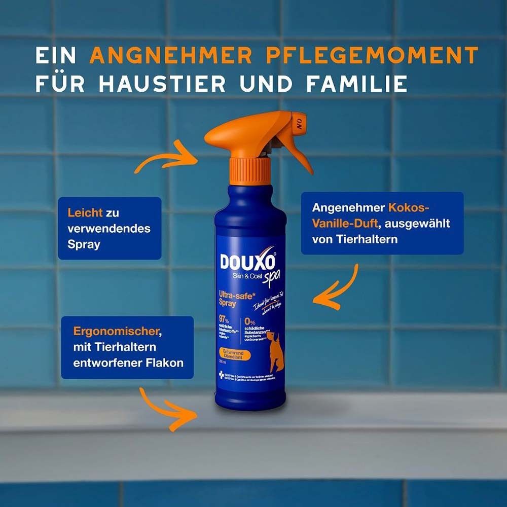 Blau-orange Sprühflasche. Text: Ein angenehmer Pflegemoment für Haustier und Familie. Ergonomischer Flakon. Kokos-Vanille-Duft.